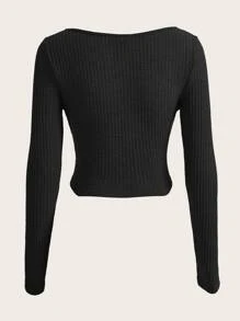 SHEIN EZwear 缺口領華夫格編織短款T恤 - 黑色 - 查看 2