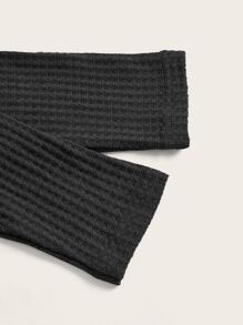 SHEIN EZwear 缺口領華夫格編織短款T恤 - 黑色 - 查看 3