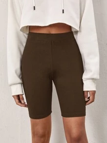SHEIN BASICS Cotton Solid Elastic Waist Cycling Shorts - Chocolate Brown - View 1