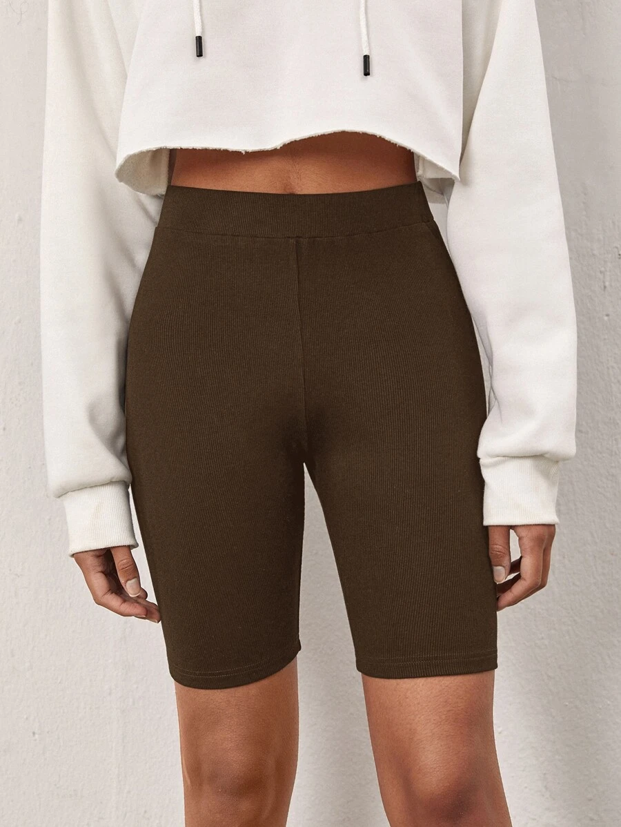 SHEIN BASICS Cotton Solid Elastic Waist Cycling Shorts - Chocolate Brown - View 1