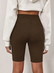 SHEIN BASICS Cotton Solid Elastic Waist Cycling Shorts - Chocolate Brown - View 2