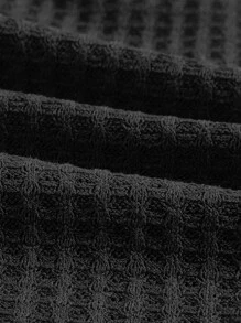 SHEIN EZwear 缺口領華夫格編織短款T恤 - 黑色 - 查看 4