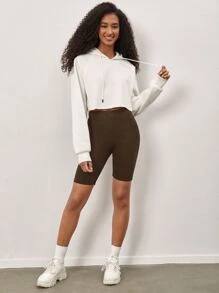 SHEIN BASICS Cotton Solid Elastic Waist Cycling Shorts - Chocolate Brown - View 3