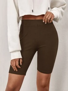 SHEIN BASICS Cotton Solid Elastic Waist Cycling Shorts - Chocolate Brown - View 4