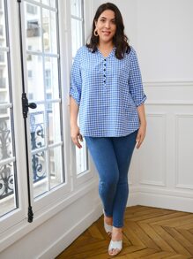 EMERY ROSE 大碼格子圖案前紐扣襯衫 - 藍白色 - 查看 3