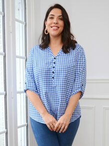 EMERY ROSE 大碼格子圖案前紐扣襯衫 - 藍白色 - 查看 4