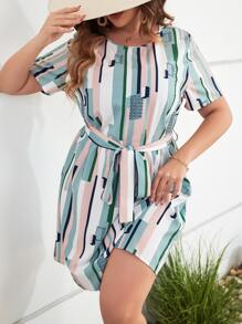 SHEIN Clasi Plus Striped Print Belted Dress - Multicolor - View 7