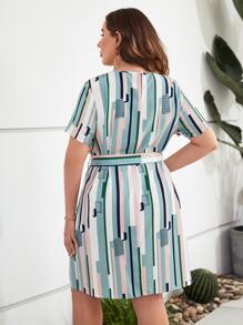 SHEIN Clasi Plus Striped Print Belted Dress - Multicolor - View 2