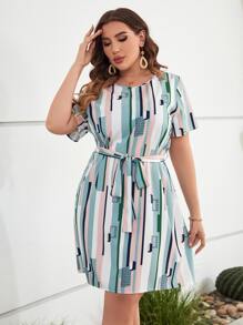 SHEIN Clasi Plus Striped Print Belted Dress - Multicolor - View 4