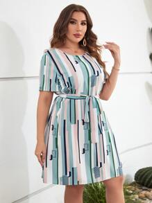SHEIN Clasi Plus Striped Print Belted Dress - Multicolor - View 5