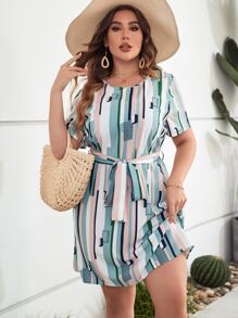 SHEIN Clasi Plus Striped Print Belted Dress - Multicolor - View 6