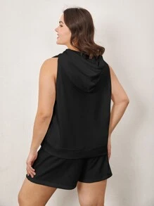 SHEIN BASICS 加大码毛圈绒袋鼠口袋抽绳卫衣 - 黑色 - 查看 2