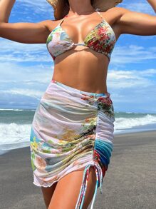 Floral Print Drawstring Summer Beach Bikini Set With Beach Skirt - Multicolor - View 3