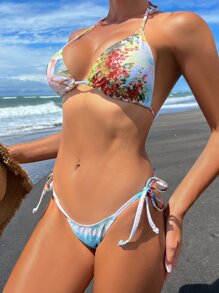 Floral Print Drawstring Summer Beach Bikini Set With Beach Skirt - Multicolor - View 5
