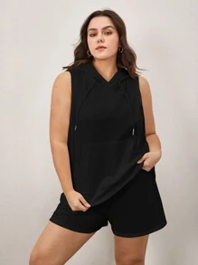 SHEIN BASICS 加大码毛圈绒袋鼠口袋抽绳卫衣 - 黑色 - 查看 5