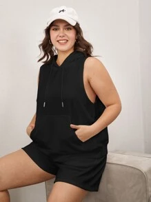 SHEIN BASICS 加大码毛圈绒袋鼠口袋抽绳卫衣 - 黑色 - 查看 6