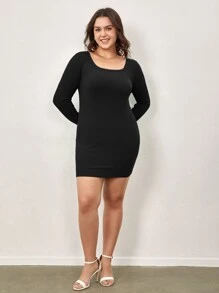 SHEIN BASICS Plus Square Neck Bodycon Dress - Black - View 5