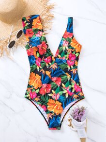 Tropical Print Ruffle Trim Plunging One Piece Swimsuit - Multicolor - View 4
