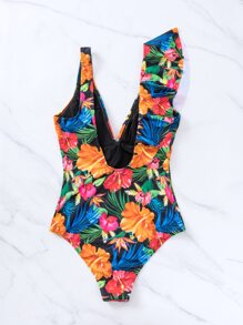 Tropical Print Ruffle Trim Plunging One Piece Swimsuit - Multicolor - View 2