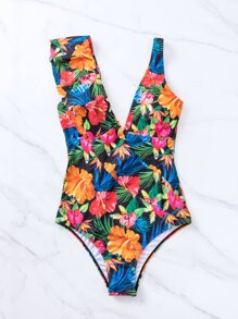 Tropical Print Ruffle Trim Plunging One Piece Swimsuit - Multicolor - View 5