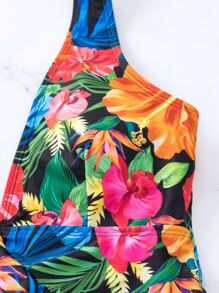 Tropical Print Ruffle Trim Plunging One Piece Swimsuit - Multicolor - View 7