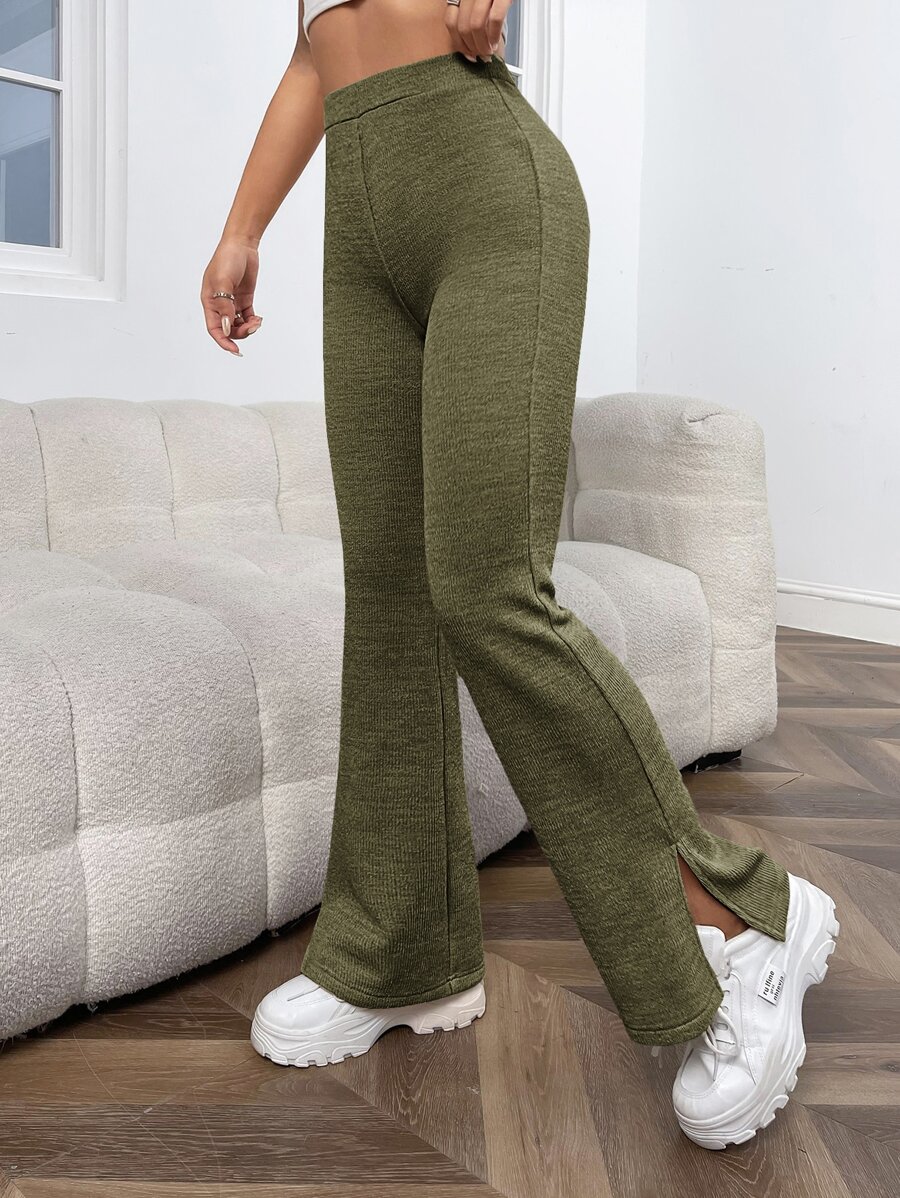 SHEIN EZwear 高腰下擺開叉喇叭褲 - 軍綠色 - 查看 1