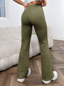SHEIN EZwear 高腰下擺開叉喇叭褲 - 軍綠色 - 查看 2