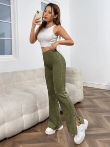 SHEIN EZwear 高腰下擺開叉喇叭褲 - 軍綠色 - 查看 3