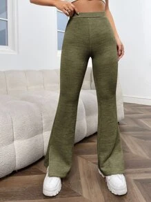 SHEIN EZwear 高腰下擺開叉喇叭褲 - 軍綠色 - 查看 4