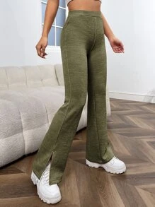 SHEIN EZwear 高腰下擺開叉喇叭褲 - 軍綠色 - 查看 5
