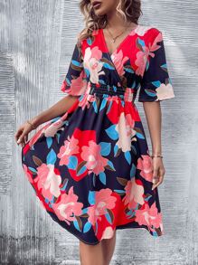SHEIN VCAY Floral Print Flounce Sleeve Dress - Navy Blue - View 1
