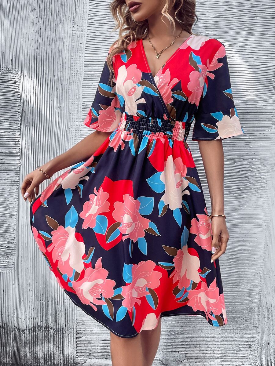 SHEIN VCAY Floral Print Flounce Sleeve Dress - Navy Blue - View 1