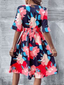 SHEIN VCAY Floral Print Flounce Sleeve Dress - Navy Blue - View 2