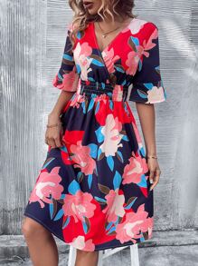 SHEIN VCAY Floral Print Flounce Sleeve Dress - Navy Blue - View 6