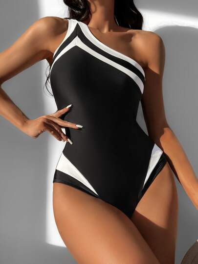 Summer Beach Contrast Binding One Shoulder One Piece Swimsuit