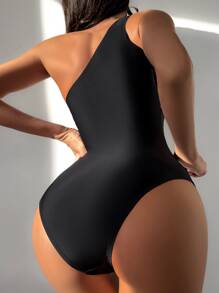 SHEIN Swim Summer Beach Contrast Binding One Shoulder One Piece Swimsuit - Black - View 2