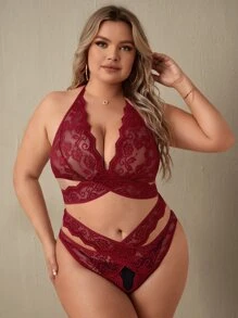 Plus Floral Lace Scallop Trim Lingerie Set - Burgundy - View 1