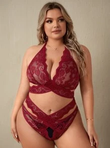 Plus Floral Lace Scallop Trim Lingerie Set - Burgundy - View 3