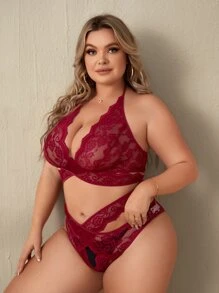 Plus Floral Lace Scallop Trim Lingerie Set - Burgundy - View 5