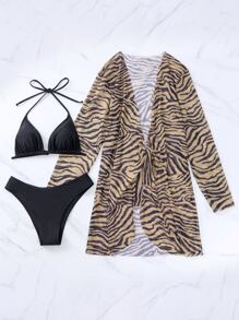 Solid Halter Summer Beach Bikini Set With Zebra Striped Tie Front Kimono - Multicolor - View 5
