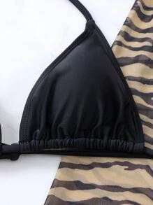 Solid Halter Summer Beach Bikini Set With Zebra Striped Tie Front Kimono - Multicolor - View 7