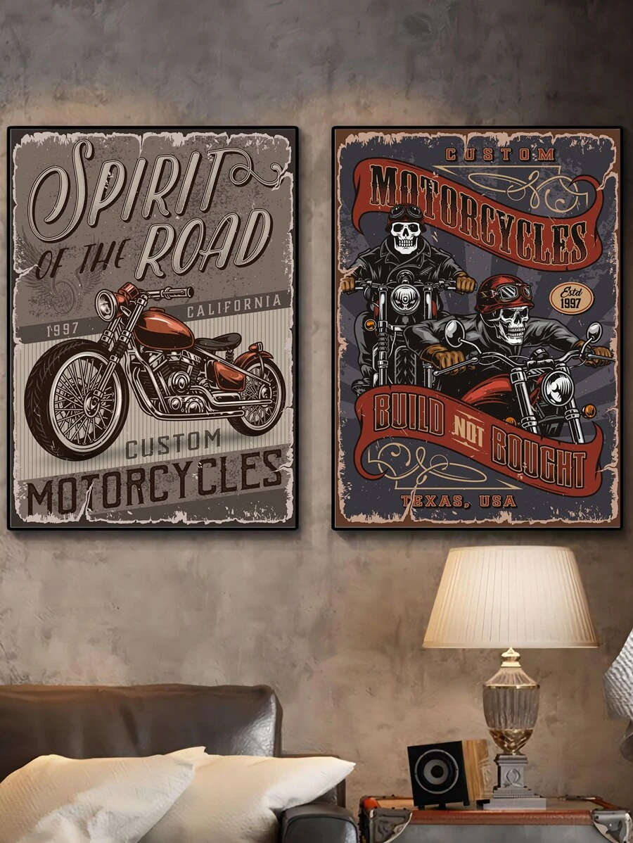 2pcs Motorcycle Print Unframed Painting - Multicolor - View 1