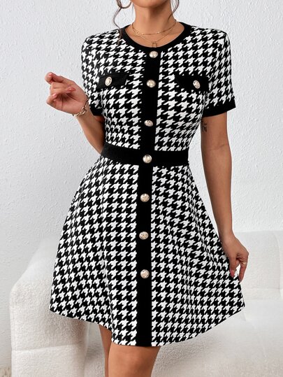 SHEIN Privé Vestido con estampado de pata de gallo con botón delantero