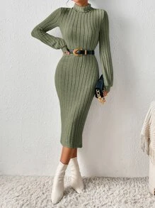 SHEIN Frenchy High Neck Lantern Sleeve Bodycon Dress Without Belt Winter Green Elegant Christmas - Army Green - View 1