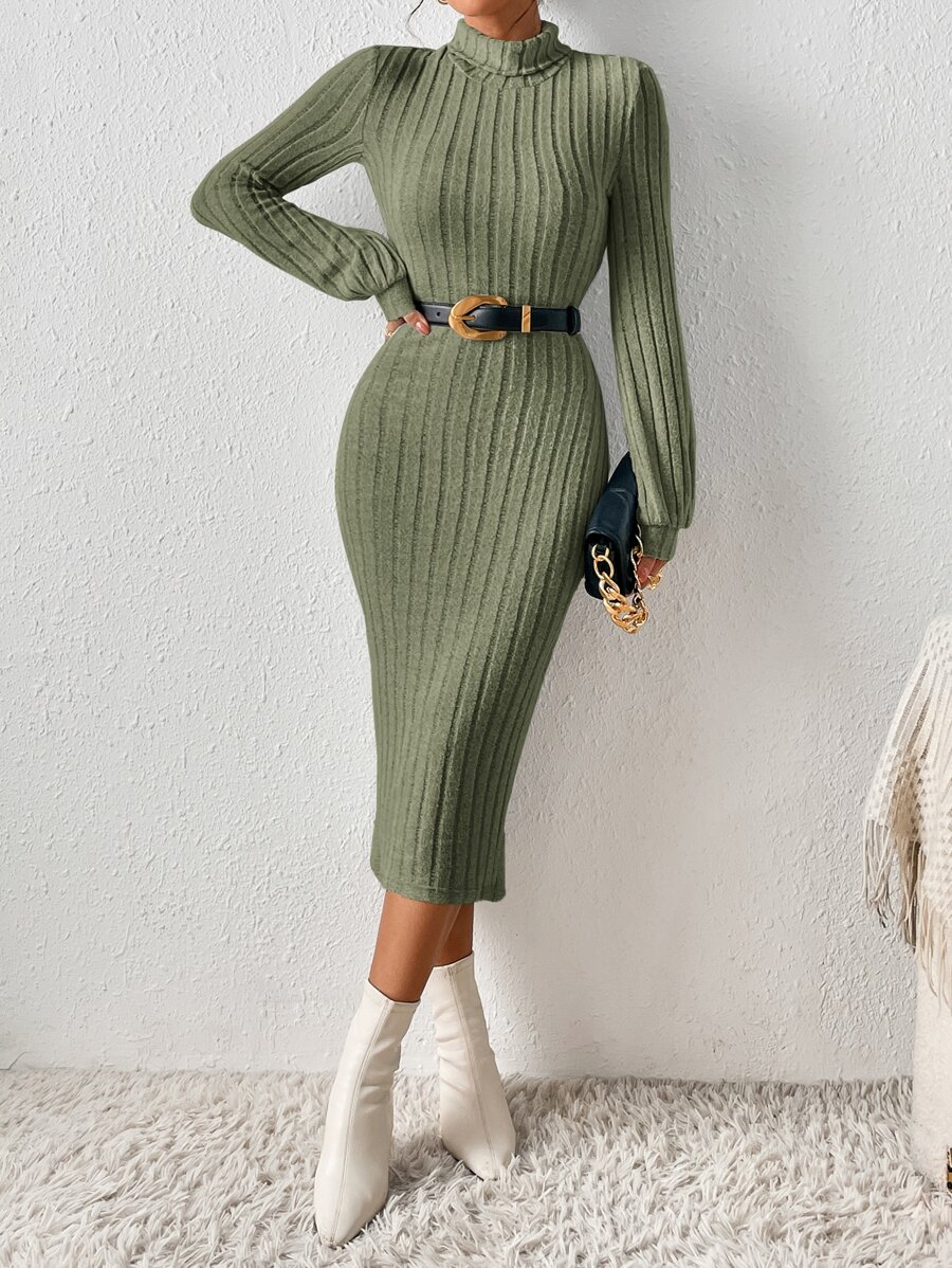 SHEIN Frenchy High Neck Lantern Sleeve Bodycon Dress Without Belt Winter Green Elegant Christmas - Army Green - View 1