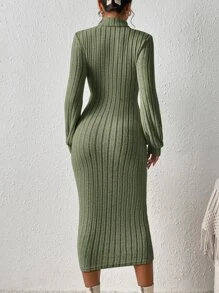 SHEIN Frenchy High Neck Lantern Sleeve Bodycon Dress Without Belt Winter Green Elegant Christmas - Army Green - View 2
