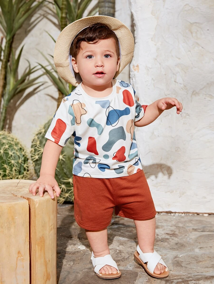 SHEIN Leap Crew Baby Boy Cartoon Graphic Tee & Track Shorts - Multicolor - View 1