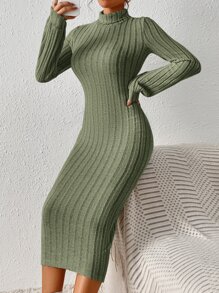SHEIN Frenchy High Neck Lantern Sleeve Bodycon Dress Without Belt Winter Green Elegant Christmas - Army Green - View 3