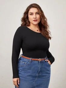 SHEIN BASICS Hơn Chất rắn Scoop Cổ Áo thun - màu đen - Xem 1