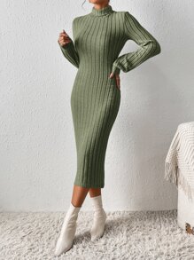 SHEIN Frenchy High Neck Lantern Sleeve Bodycon Dress Without Belt Winter Green Elegant Christmas - Army Green - View 4